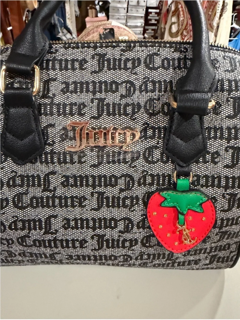Juicy Couture Black Logo Satchel with Red & Green Strawberry Charm